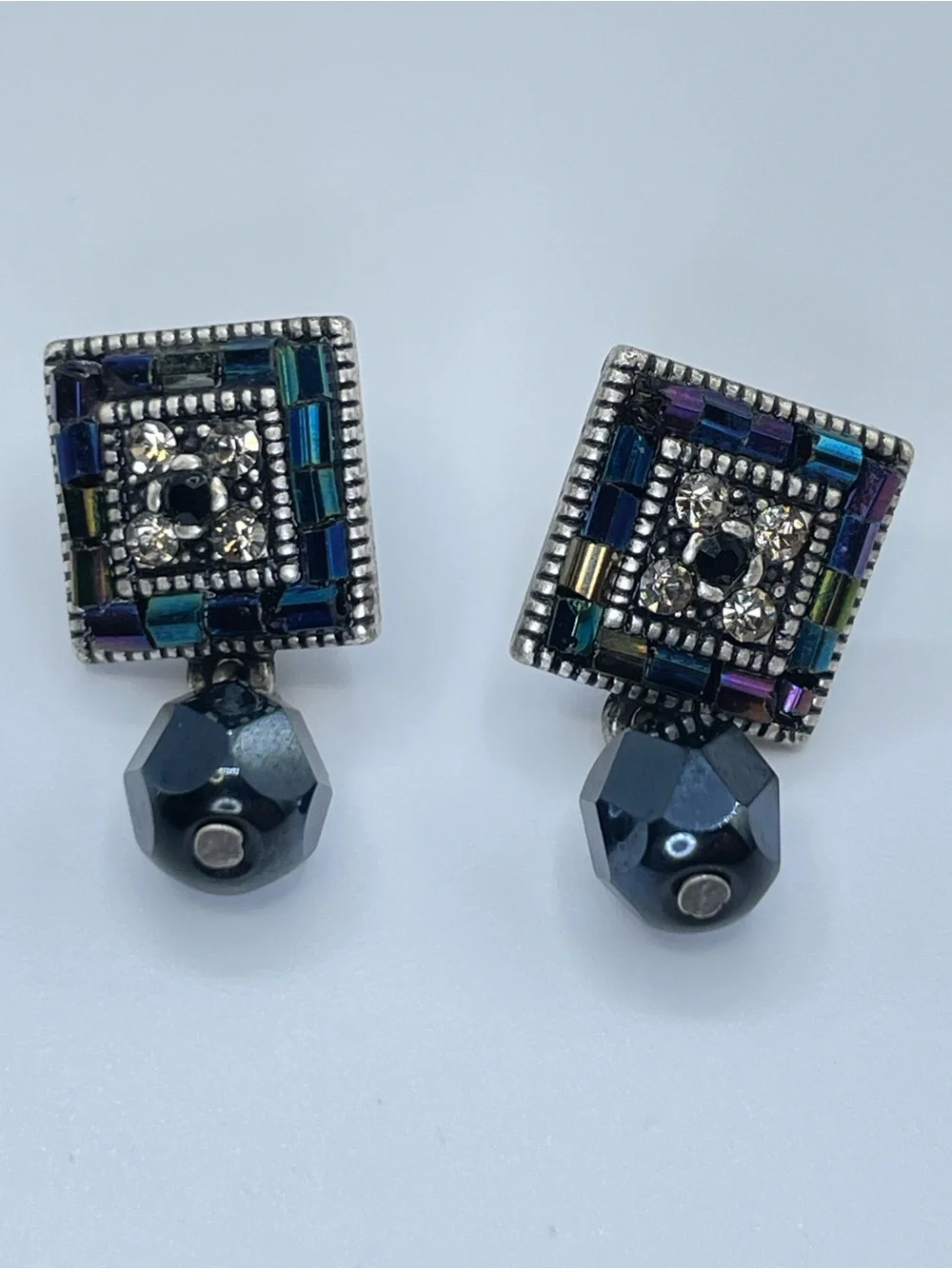 Vintage Silver Tone Blue Crystal Glass Art Deco Dangle Stud Earrings